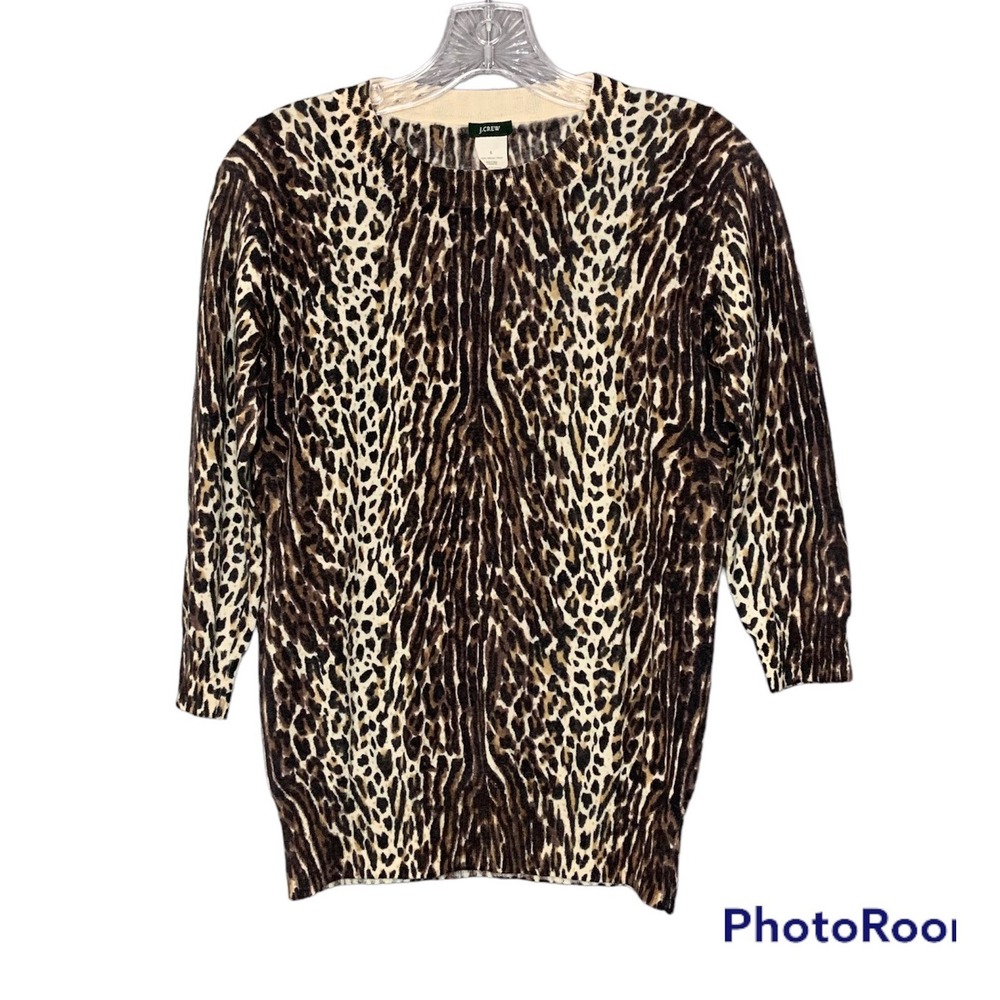 J Crew Womens Sweater Merino Wool Size Medium Animal Print Pullover 3/4 Sleeve